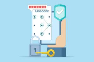 Lock screen concept set input passcode on smart phone screen with password protection padlock. Data protection, internet security and cyber security. Flat cartoon design illustration on background. vector