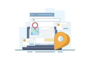 Search engine map concept, Search engine showing business location in search results, Business address in search results. Local map optimization. Analysis showing data. illustration. vector