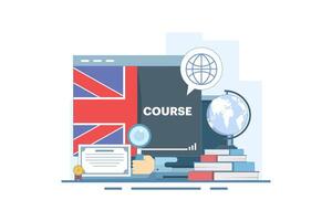 Concept of online English education courses, e-learning and distance learning, foreign language lessons education on the internet, digital marketing. Flat design illustration on the background. vector