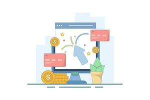 pay per click concept. online advertising where advertisers pay each time their ads are clicked. click to earn money. computer monitor with cursor, coins and debit card. vector