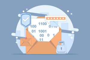 Email password encryption message concept, secure chat and secret message, security and protection for communication, protective padlock notification number for website. flat cartoon illustration. vector