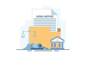 Legal Notice Concept. Legal Notice Document with Judge's Hammer. Corporate document, agreement review, data protection metaphor. Flat cartoon design illustration on Background. vector