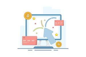 pay per click concept. online advertising where advertisers pay each time their ads are clicked. click to earn money. computer monitor with cursor, coins and debit card. design illustration. vector