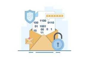 Email password encryption message concept, secure chat and secret message, security and protection for communication, protective padlock notification number for website. flat cartoon design. vector