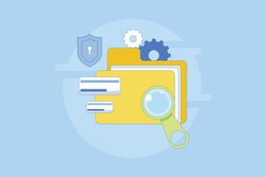 File manager concept. Manage, edit, search and organize files. Document security and protection technology. Folder, shield, magnifying glass, gear. Graphic element design illustration. vector