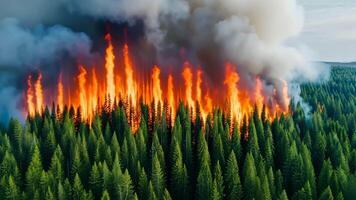 Aerial view of a massive forest fire with towering flames and smoke, highlighting climate change and environmental conservation concerns video