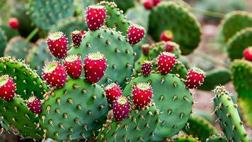 Close up of vibrant prickly pear cacti with ripe fruit, ideal for nature and desert themed concepts video