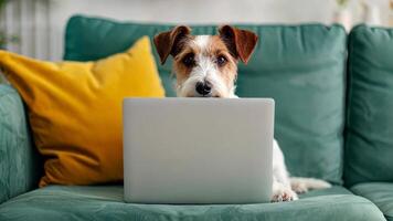Dog sitting on a green couch using a laptop, symbolizing remote work and digital nomad lifestyle video