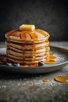 Stack of Fluffy Pancakes with Butter and Maple Syrup Drizzled on Top photo
