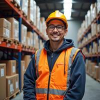 Portrait of Smiling Warehouse Worker in Safety Gear Amidst Inventory photo
