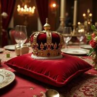 Elegant composition of a royal crown on a cushion for royalty concepts photo