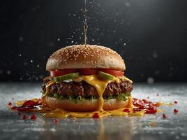 Delicious cheeseburger with dripping sauce ready to eat and enjoy its tasty flavor sensation in food photography photo