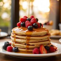 Delicious Pancakes Stack with Fresh Berries and Maple Syrup Drizzle photo
