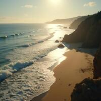Golden Serenity, Coastal Waves at Sunset, Tranquil Beachscape with Glowing Sunlight photo