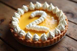 Delicious lemon tart with meringue topping and number two decoration on wooden table photo