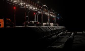 View of science fiction base of operations with pipe lines in dark scene photo