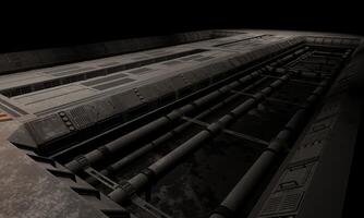 Military base of operations science fiction with pipelines under floor in dark scene photo