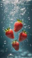 The red fruits of the strawberries float in a stream of water, surrounded by air bubbles. The water is clear, and the strawberries are the only visible objects. photo