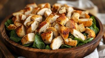 A bowl of chicken and spinach salad with a fork photo