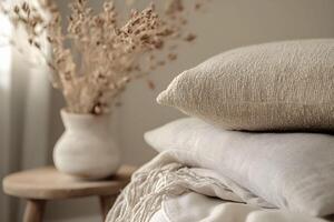 A stack of pillows and a vase on a bed photo