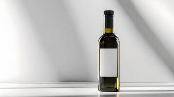 A bottle of olive oil is shown on a table photo