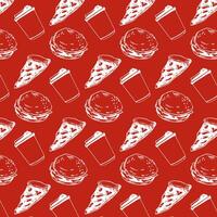 pattern with hand drawn pizza, burger and coffee cup on red background vector