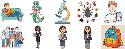 Collection of Diverse Cartoon Illustrations Featuring People Activities and Objects vector