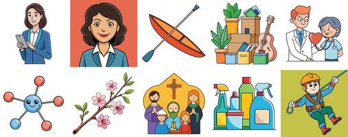 Diverse Illustrations of People Professions Activities and Objects vector