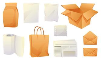 Set of paper products, sorting of paper waste. Sorting and recycling of cardboard boxes, paper bags, newspapers, kraft packaging. Ecology, saving the planet, zero waste, recycling. vector