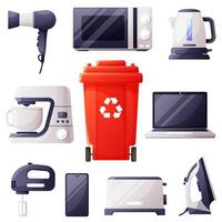 Garbage container for household waste. Recycling of electronics and household appliances, management of electronic waste, used technologies, environmental pollution, landfill of electrical waste. vector