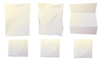 A set of white crumpled paper with creases, a torn out lined page, a torn out sheet with dots. A sheet from a notepad with torn edges, a torn out note with a damaged border. vector