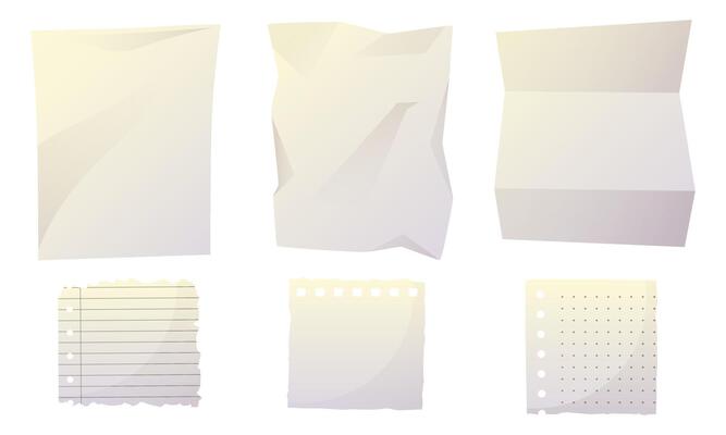 A set of white crumpled paper with creases, a torn out lined page, a torn out sheet with dots. A sheet from a notepad with torn edges, a torn out note with a damaged border.