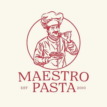 A retro-style illustration of a smiling chef enjoying a plate of pasta, created in an engraving-style design vector