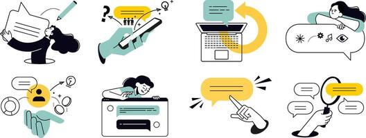 Communication concepts. illustrations of social media, networking, support, community, chatting, online communication, app and services, rating and review, conversation. vector