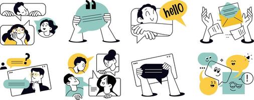 Communication illustrations of social media, networking, support, community, chatting, online communication, app and services, rating and review, conversation. vector
