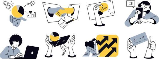 Business and technology illustrations of web design and development, startup and online business, seo, app development, e-commerce, strategy and planning, communication. vector