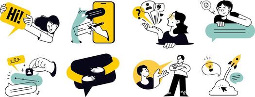 Communication. Illustrations of social media, networking, support, community, chatting, online communication, app and services, rating and review, conversation. vector