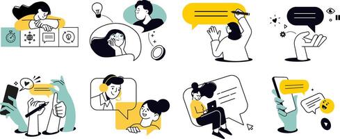 Communication illustrations. Concepts of social media, networking, support, community, chatting, online communication, app and services, rating and review, conversation. vector