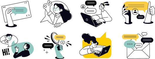 Communication concepts of social media, networking, support, community, chatting, online communication, app and services, rating and review, conversation. vector