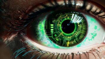 verde futurista olho dentro moderno tecnologias. abstrato Alto tecnologia Está conceito. sensor implantado dentro uma pessoa video
