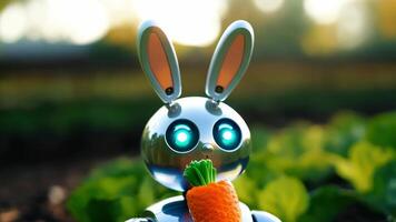 aqui é uma robô Coelho com 1 do dela visual. robô coelhinho. banheiras aqui estão 3d renderizado. futuro conceito, com ai e uma digital gráficos cérebro motor dentro. video