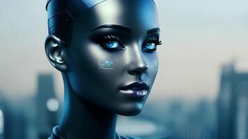 Portrait of a woman symbolically turning into virtual human, virtual character digital clone, using computer-generated from the real persona. AI artificial intelligence video