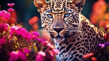 Large jaguar, cheetah, leopard cat in vibrant meadow flowers. Perfect for wildlife documentaries, conservation campaigns or any project seeking to evoke the mystery and power of this video