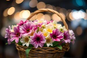 A basket with flowers on a table in front of a bokeh background photo