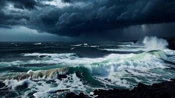 A vast and turbulent ocean under a dark, overcast sky video