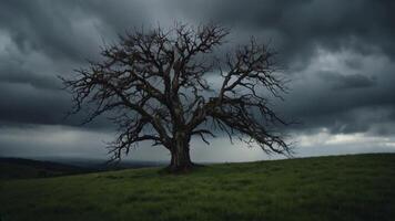 A serene yet dramatic landscape featuring a lone tree standing at the center of a gently sloping hill video