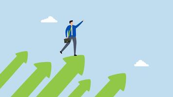 Company success moving forward, 4k animation of confident entrepreneur positioned on ascending arrows directed toward sky next objective. video