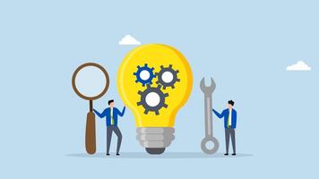 Product development, 4k animation of entrepreneur with magnifying glass and lightbulb concept with gears. video
