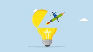 Creativity to create new idea, 4k animation of man riding pencil rocket from opening lightbulb. video