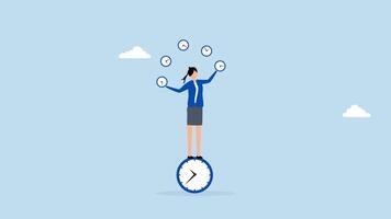 Time management for best efficiency and productivity, 4k animation of businesswoman balancing clocks while maintaining her own equilibrium on clock. video